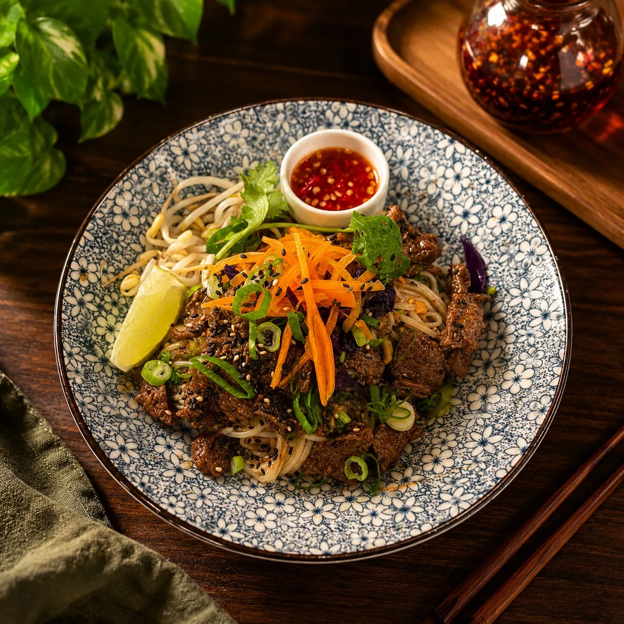Noodle bowl med marinerad högrev